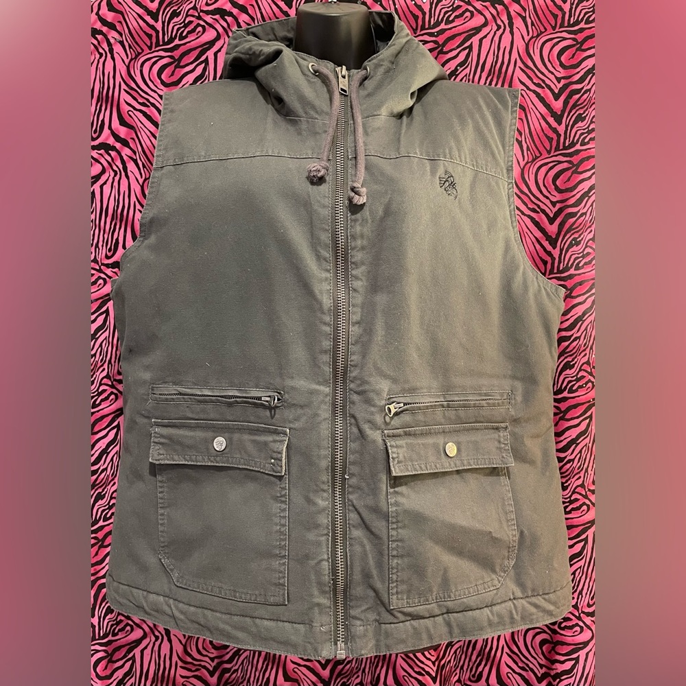 Legendary Whitetails gray/green heavy duty canvas vest XXL camo accent with hood